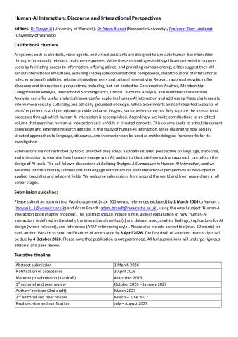 Call for Book Chapters: Edited Volume on Human-AI Interaction Discourse and Interactional Perspectives